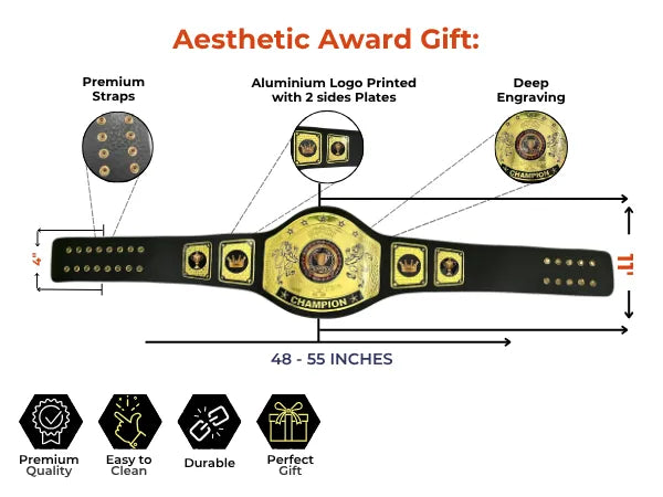 A black championship-style belt gift set with gold-toned plates and trim, shown on a white background with measurement callouts, feature callouts, and icons. Text at the top reads 'Aesthetic Award Gift' and includes labels such as 'Premium Straps,' 'Aluminium Logo Printed with 2 sides Plates,' and 'Deep Engraving.